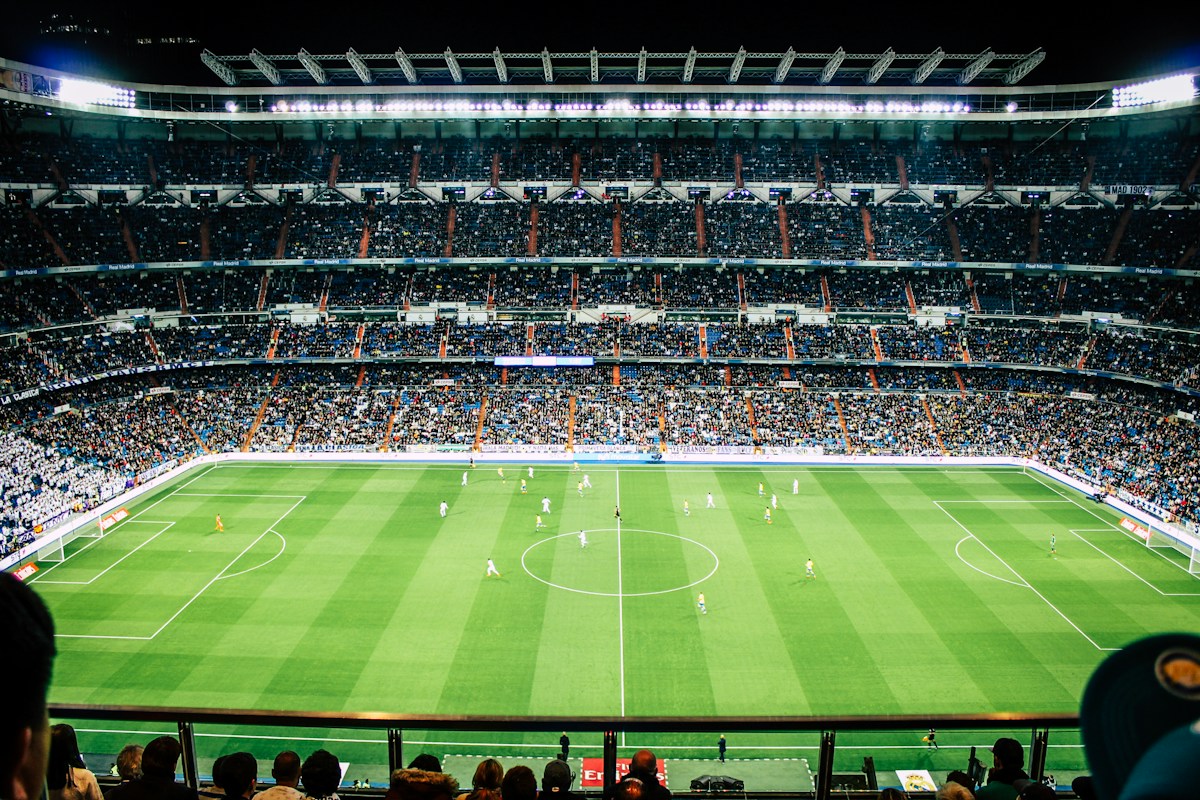 Major professional soccer match viewed from the stadium stands