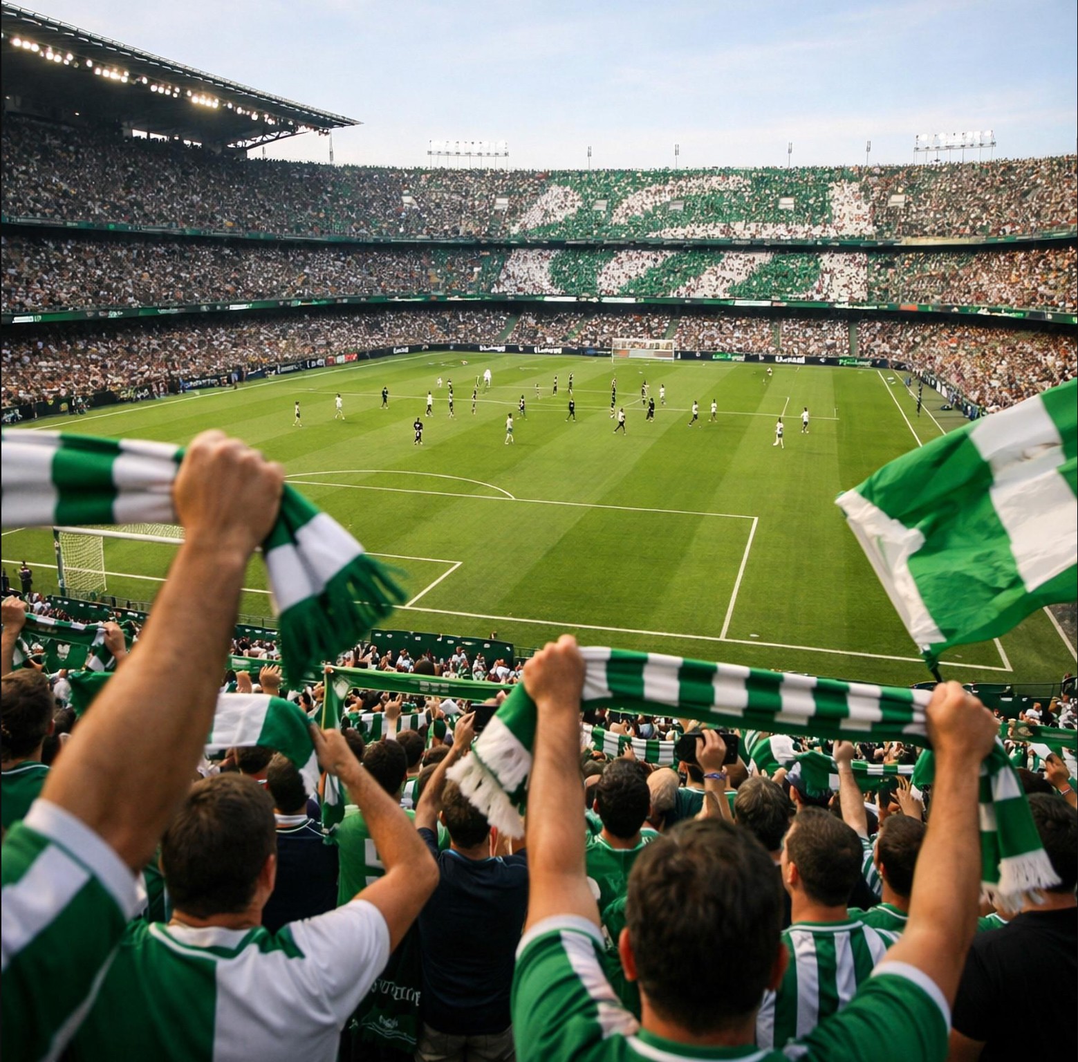 Football supporters raising scarves together in a packed stand